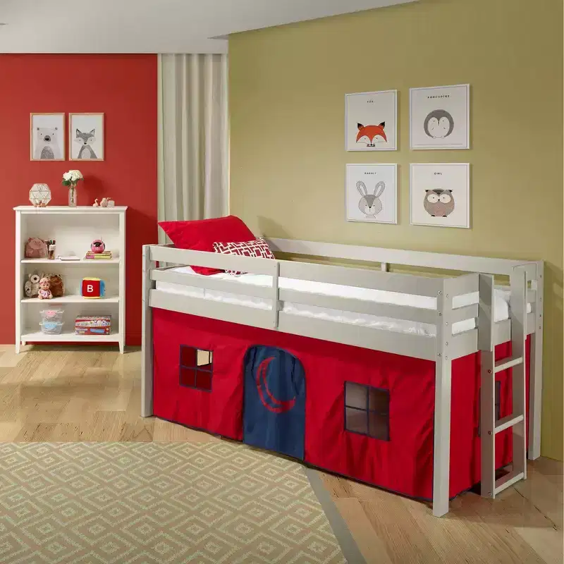 Alaterre Furniture Twin Jasper Junior Kids' Loft Bed, Dove Gray Frame and Playhouse Tent Red/Blue