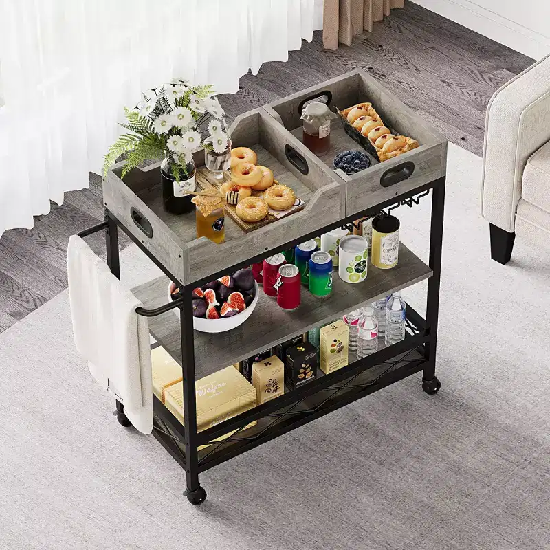 Bar Cart for Home, 3-Tier Rolling Cart with Removable Tray, Brown Gray Metal Frame, Serving Storage Shelves for Kitchen Dining