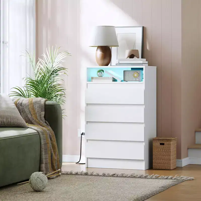 4 Drawer Dresser with Charging Station and LED Lights, Organizer Cabinet for Bedroom, Living Room, Entryway, White