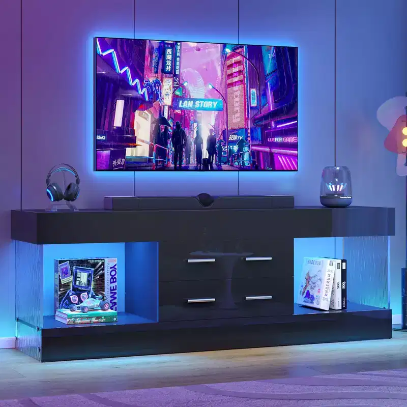 22'' Tall TV Stand with Storage Shelves & Drawers, 60'' LED Gaming Entertainment Center Medium Console for 32/43/55/65 TV