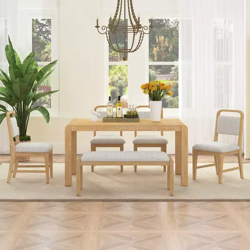 GDFStudio Betsy Vintage Extendable Dining Table Set for 4-6 with Upholstered Chairs and Bench