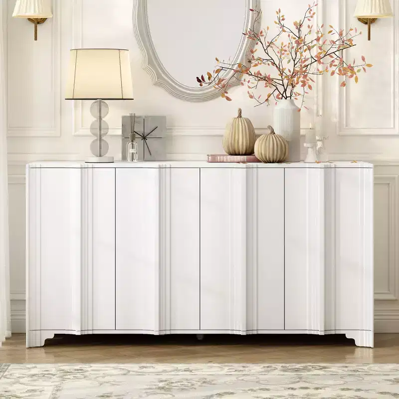 Sophisticated Sideboard Buffet, Storage Cabinet with 4 Intricate Linear Doors, Coffee Bar Cabinet for Dining Room Living Room Entranway