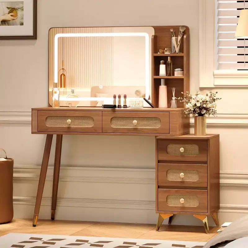 Okak 47IN Makeup Vanity with 3 Mode Adjustable Mirror, Vanity Desk with Rattan Drawer Design, Vanity Table for Bedroom, Living Room