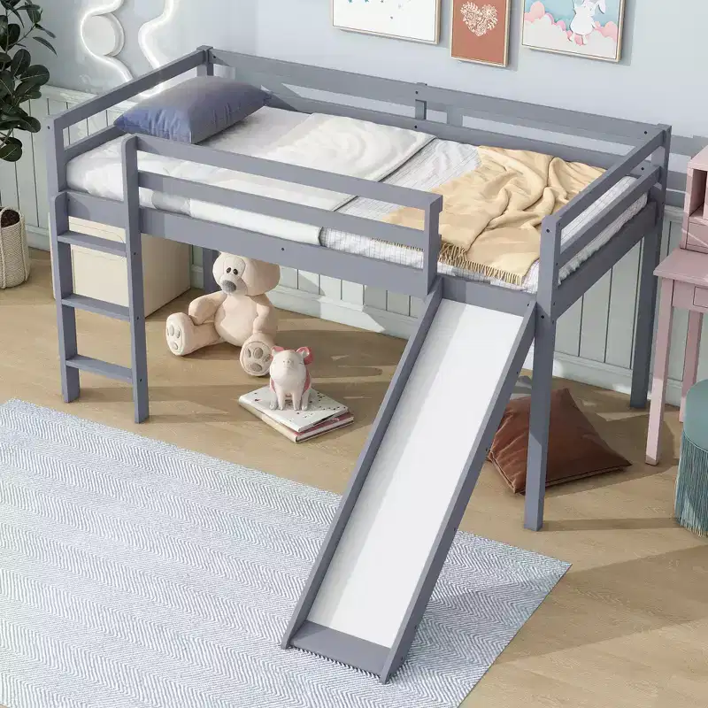 Twin Low Loft Bed with Slide, Ladder and Safety Guardrails - Gray