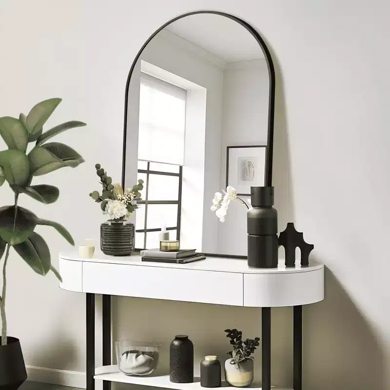 MAYEERTY 36x24 Black Arched Wall Mirror, Slim Aluminum Frame Right Angle Decorative Hanging Mirror for Bathroom & Entryway