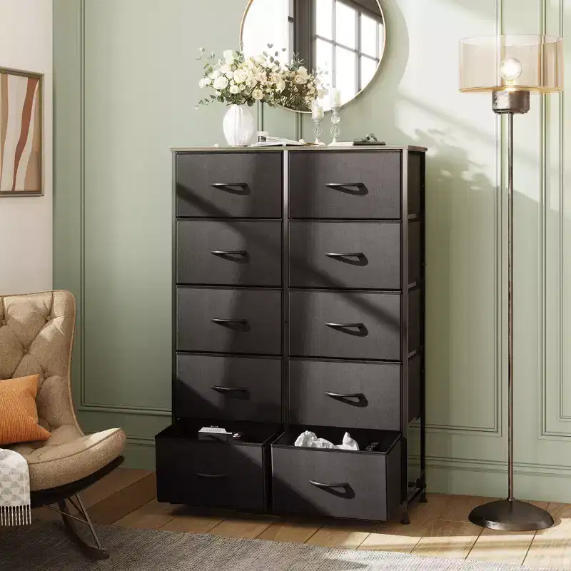 Tall Dresser with 10 Fabric Drawers & Cabinet – Metal Frame, Closet Organizer