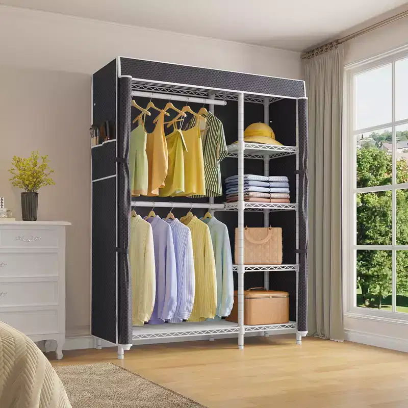 Portable Closet Garment Rack with Dustproof Cover, Double Hanging Rod & 5-Tier Shelves, Heavy Duty Carbon Steel, White
