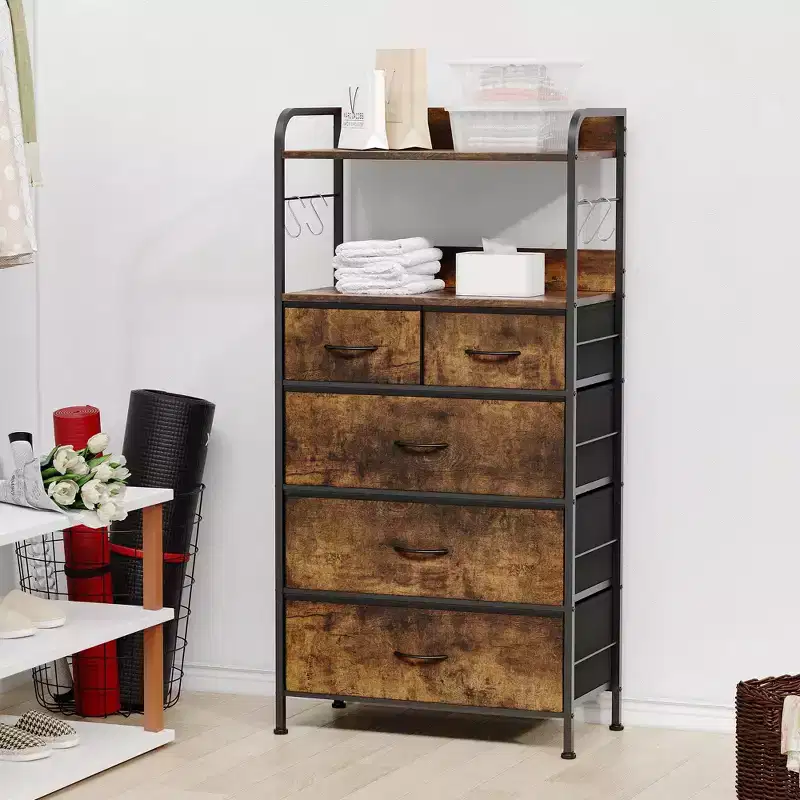 Tall Dresser for Bedroom with 5 Drawers, Vertical Dresser with 2-Tier Open Shelves, Chest of Drawers with Hanging Racks, Small Space