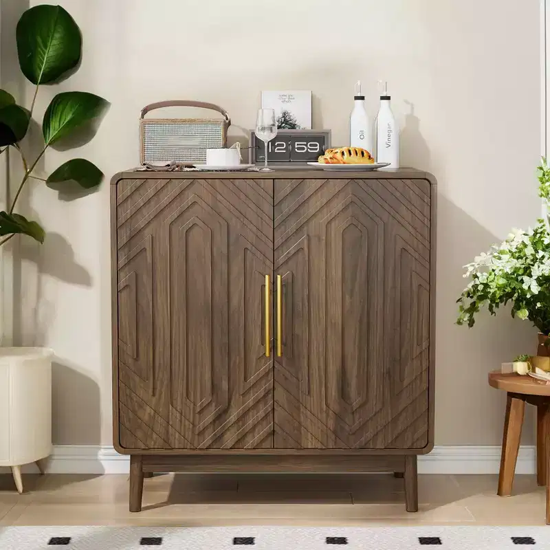Sideboard Buffet Cabinet with Carved 2 Door, Adjustable Shelf for Living Room Kitchen Dining Room, Walnut