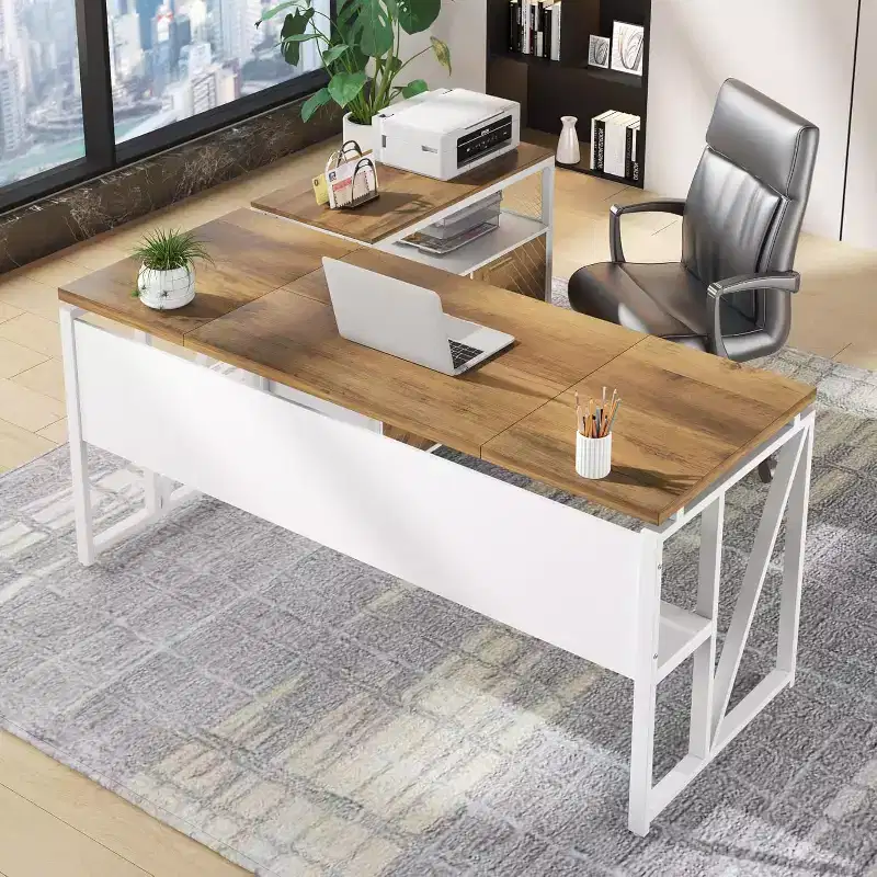 Lantine L Shaped Desk with Drawer,63 Executive Computer Desk and lateral File Cabinet, 2 Piece Home Office Furniture