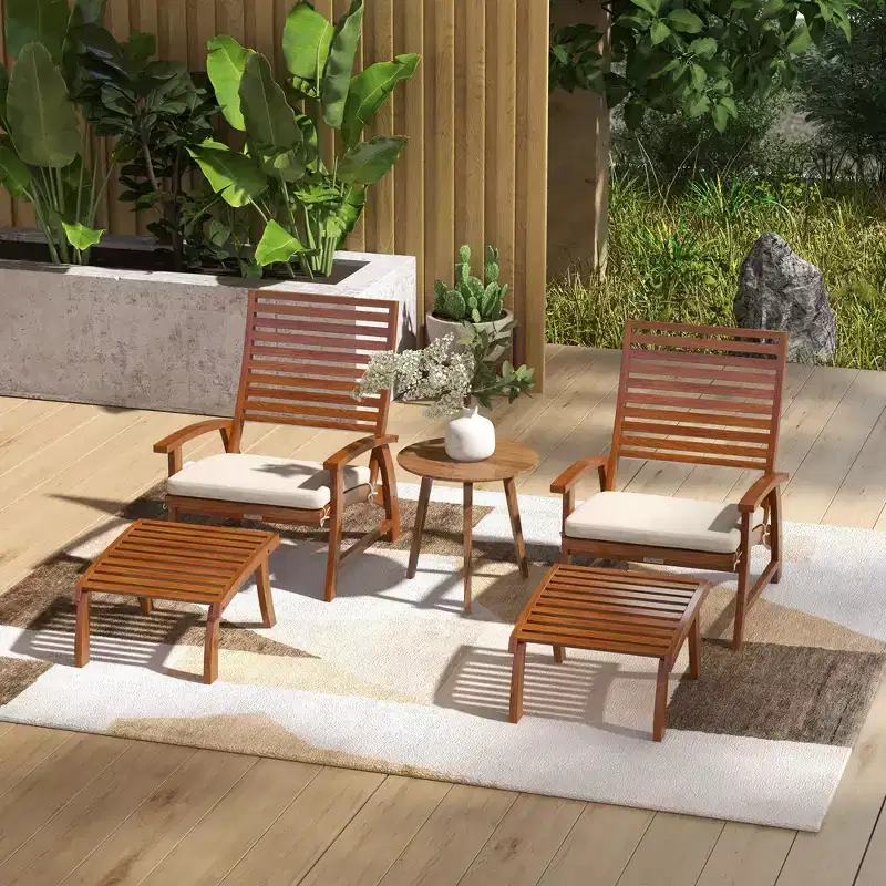 Outsunny 4 Piece Patio Furniture Set, 2 Chairs with Cushions & Ottomans, Slatted Acacia Wood Seat & Backrest, Cream White