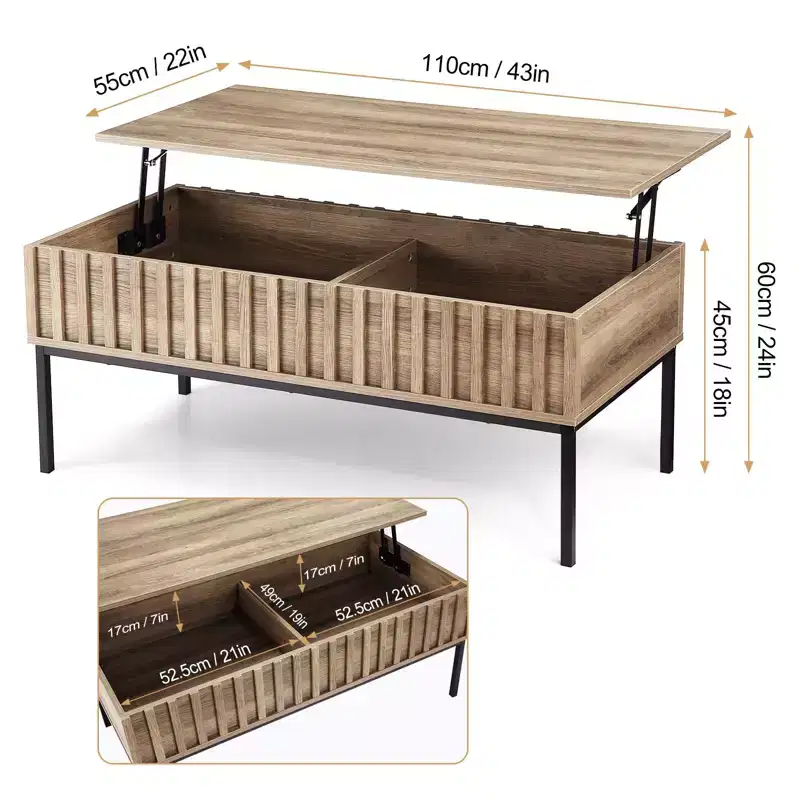 GustoWave Coffee Table with Lifting Top, Modern Fluted Wood Center Table for Living Room, Teak Color