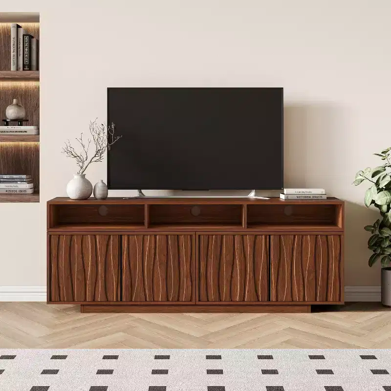 ATJafurn 62.9-98.4 Brown Expandable TV Stand, Wooden Media Console for Living Room, Mid Century Modern Entertainment Center with Storage