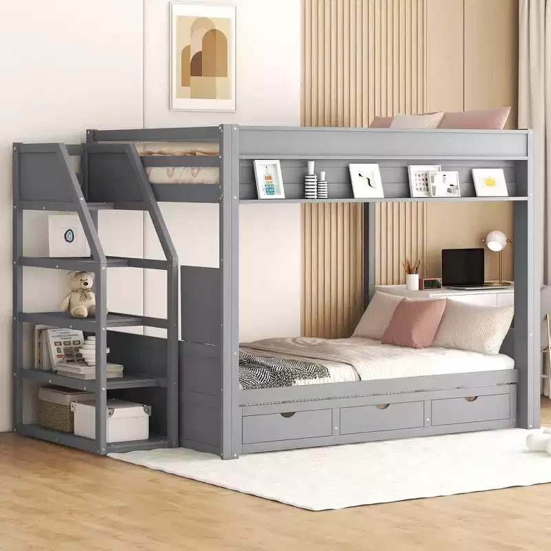 Clihome Wood Full Size Convertible Bunk Bed with Storage Staircase, Bedside Table,and 3 Drawers