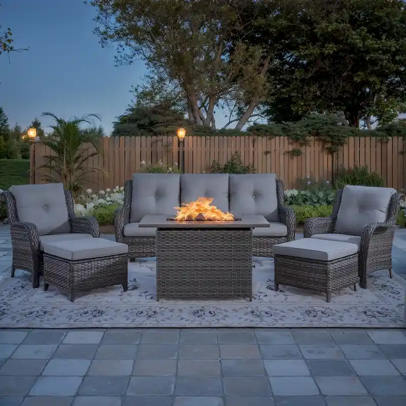 6 Pieces Outdoor Chair Sofa Ottoman with Fire Pit Table - Grey