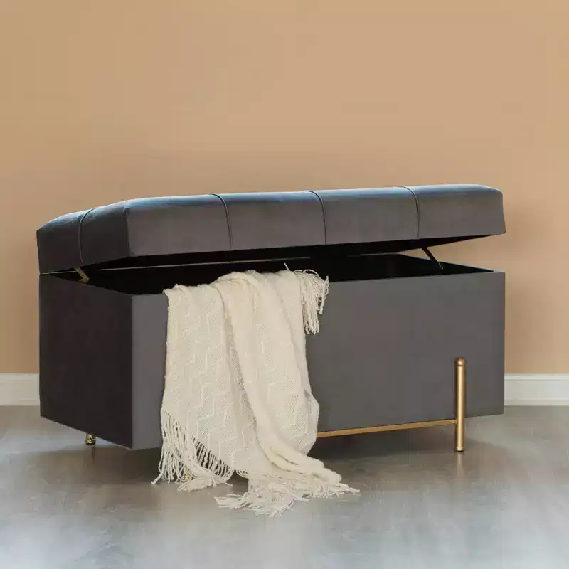 Fabulaxe Large Rectangle Velvet Storage Ottoman with Golden Legs | Sitting Bench for Living Room Home Decor with Cylindrical Golden Support