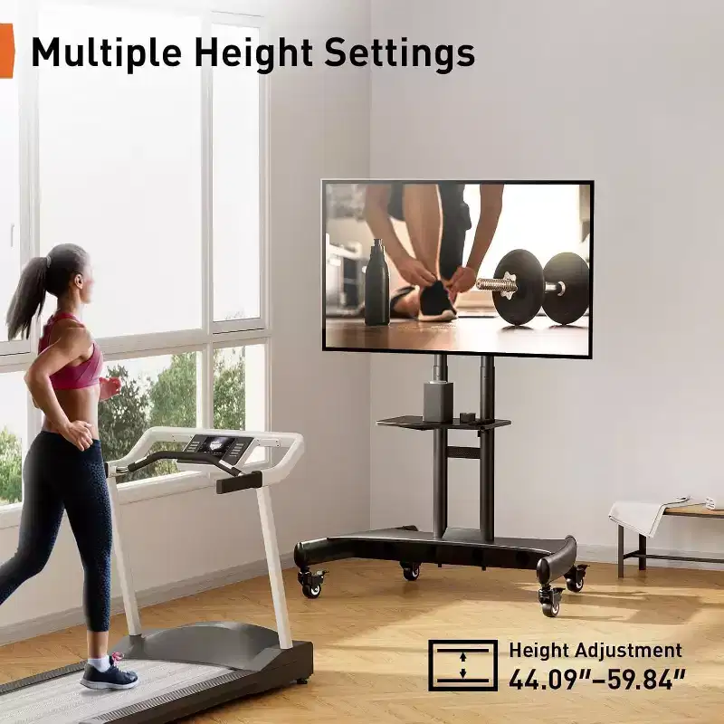 Perlegear Mobile TV Cart for 32-80 Flat/Curved TVs, Rolling Stand with Height Adjustable Shelf, Max VESA 600x400mm, Supports Up to 100 lbs