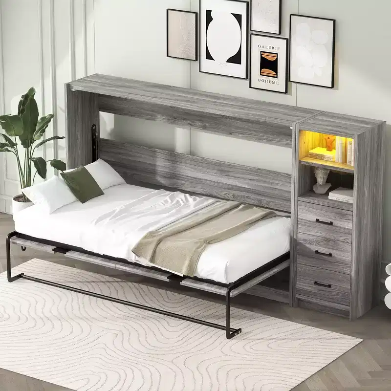 Metal and Wood Murphy Bed, Folded into a Cabinet