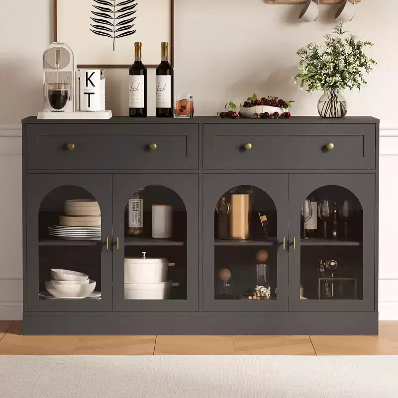 55 Inch Sideboard Buffet Cabinet with 4 Acrylic Doors and 2 Drawers, Wooden Kitchen Cabinet, Console Table for Living Room, Dining Room, Entryway