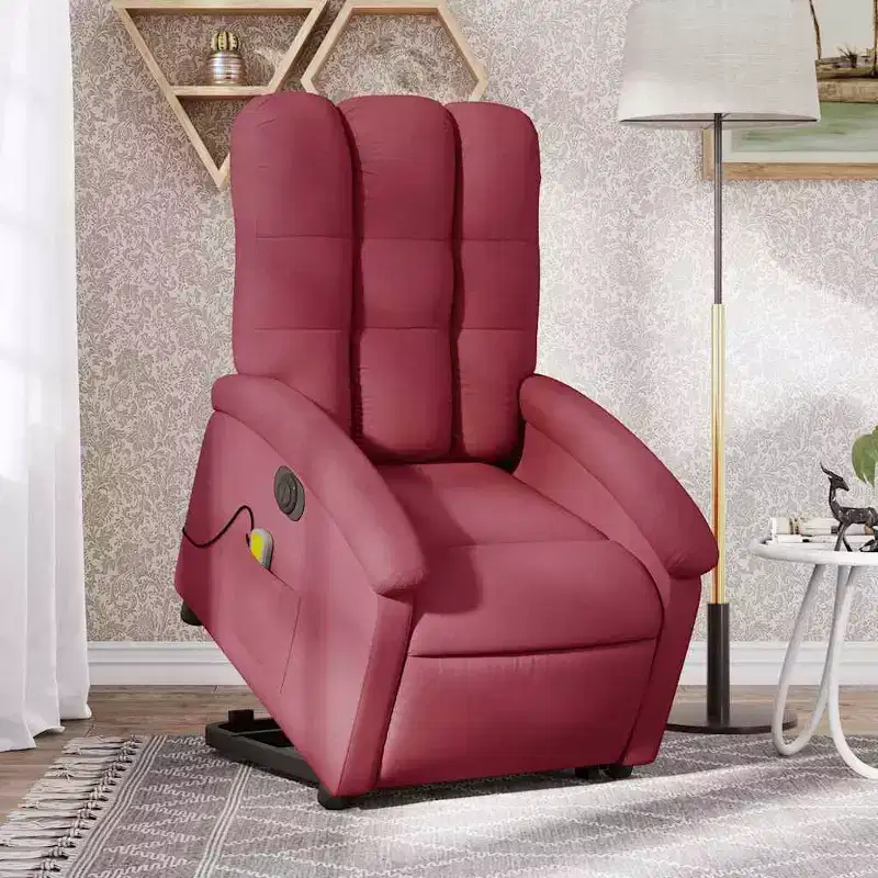 Electric Lift Massage Recliner Chair - Wine Red Fabric, Motorized Stand-Up Assist, Reclining, Vibration, Home Theater