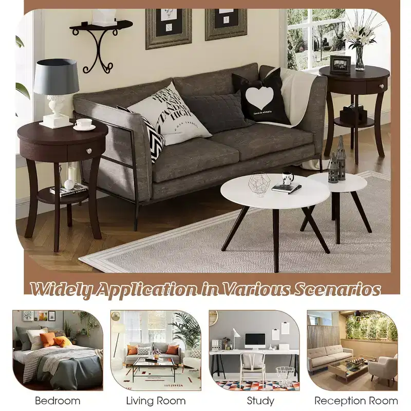 tier Side End Sofa Table Round Nightstand Bedroom Living Room White/Espresso/Black