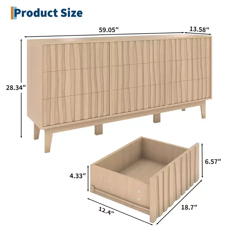 Fluted Dresser for Bedroom with 9 Drawers for Bedroom, Modern Fluted Chest of Drawers, Freestanding Wooden Storage Cabinet, TV Stand for Living Room