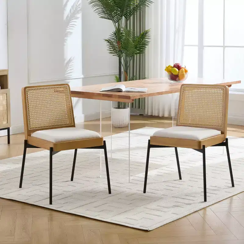 GDFStudio Becher Mid-Century Modern Rubber Wood and Linen Upholstered Dining Chair with Rattan Backrest (Set of 2)