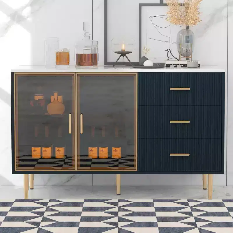 Modern Sideboard Buffet Cabinet with Tempered Glass Doors and Drawers, Storage Cabinet with Adjustable Shelves, Navy Blue