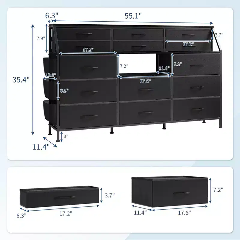 GustoWave Dresser for Bedroom with 14 Drawers, 55 W Dresser with Side Pocket, Fabric Dressers & Chests of Drawers with Shelves, Wood Top