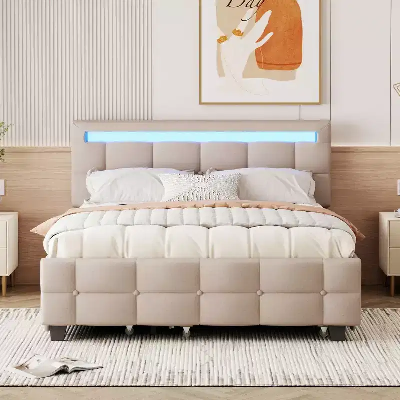 Okak Queen Elegant Platform Bed Frame with Upholstered and LED Frame No Box Spring Needed Linen Fabric Bed with Twin XL Trundle & 2 Drawers