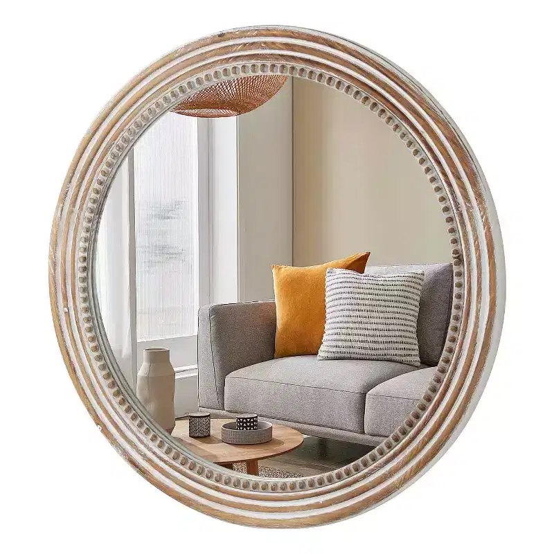 24 Round Wood Decorative Mirrors for Wall Decor, Rustic Circle Mirror with Beads for Bedroom Living Room Office