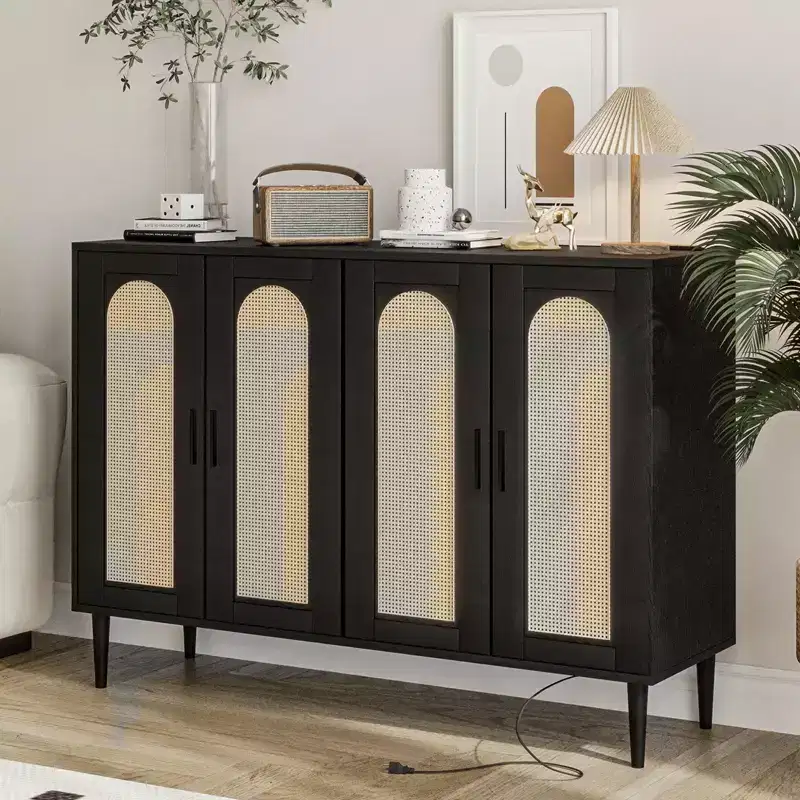 Garvee Rattan Sideboard Buffet Cabinet, 4 Doors Accent Storage Cabinet, Console Table Coffee Bar,Adjustable Shelves for Kitchen, Hallway, Living Room