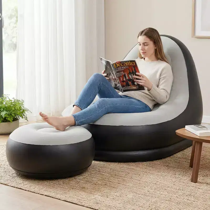 Costway Inflatable Lounge Sofa with Ottoman, Portable Air Sofa for Adults with Flocked Surface