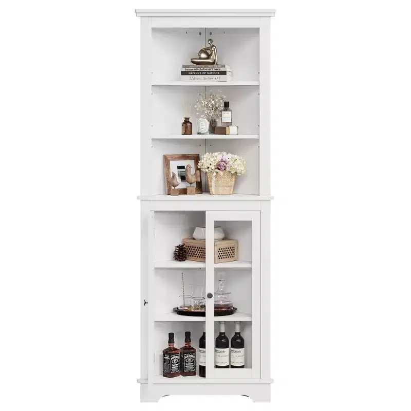 Freestanding Corner Cabinet with Glass Doors - Tall Bookcase - Adjustable Shelves - Modern Space-Saving Storage