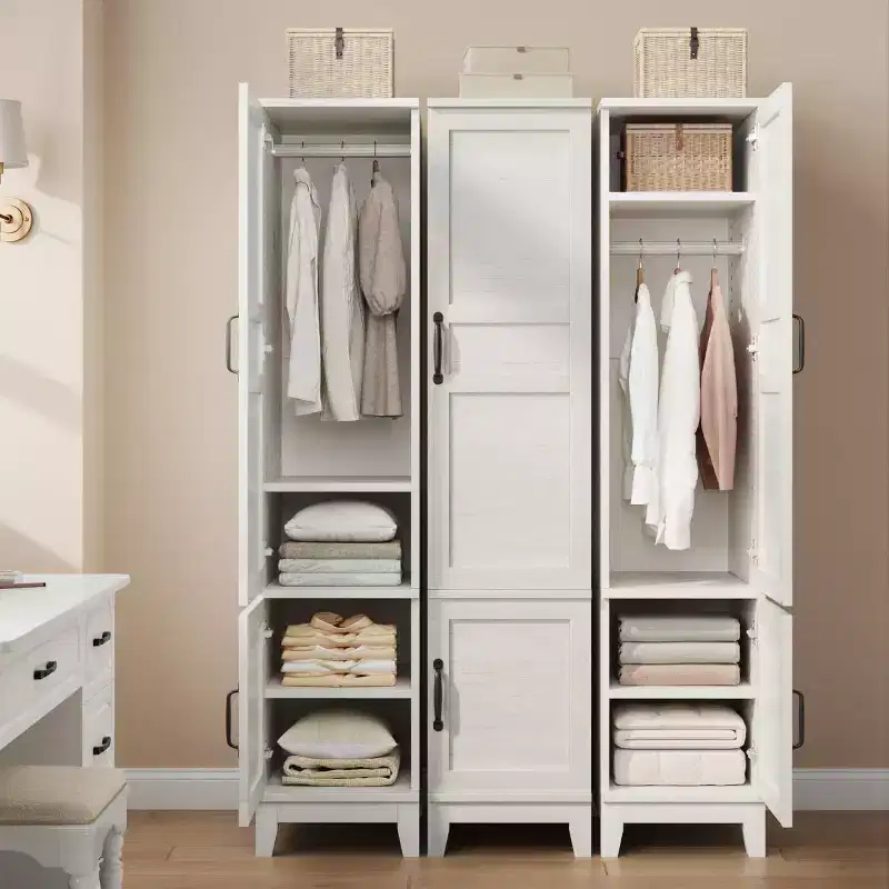 Armoire Wardrobe Closet with 2 Doors,72 Wooden Wardrobe Cabinet with Hanging Rod, Narrow Tall Armoire with 18 Adjustable Shelves for Bedroom