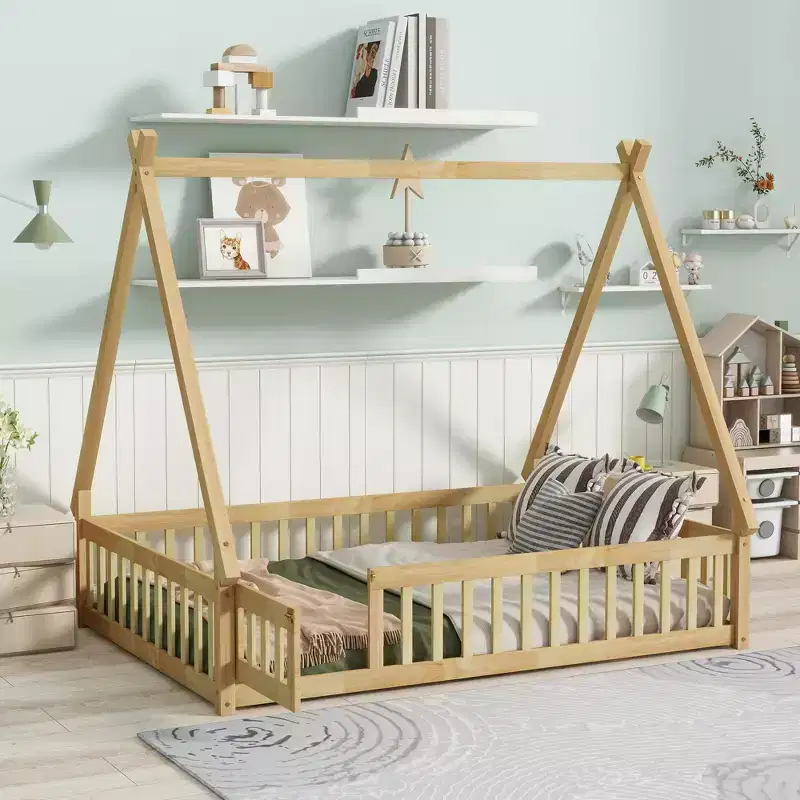 Tent-shaped Twin/Full Floor Bed Frame with Guardrails - ModernLuxe