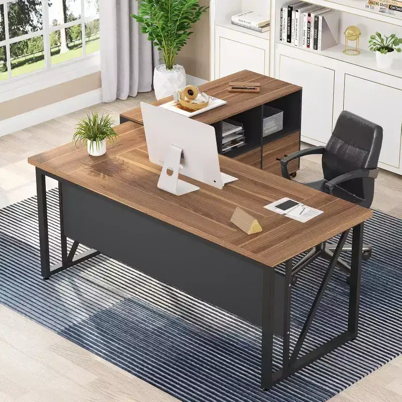 63 Executive Desk and 47 Lateral File Cabinet, L-shaped Computer Desk Business Furniture with Drawers and Storage Shelves