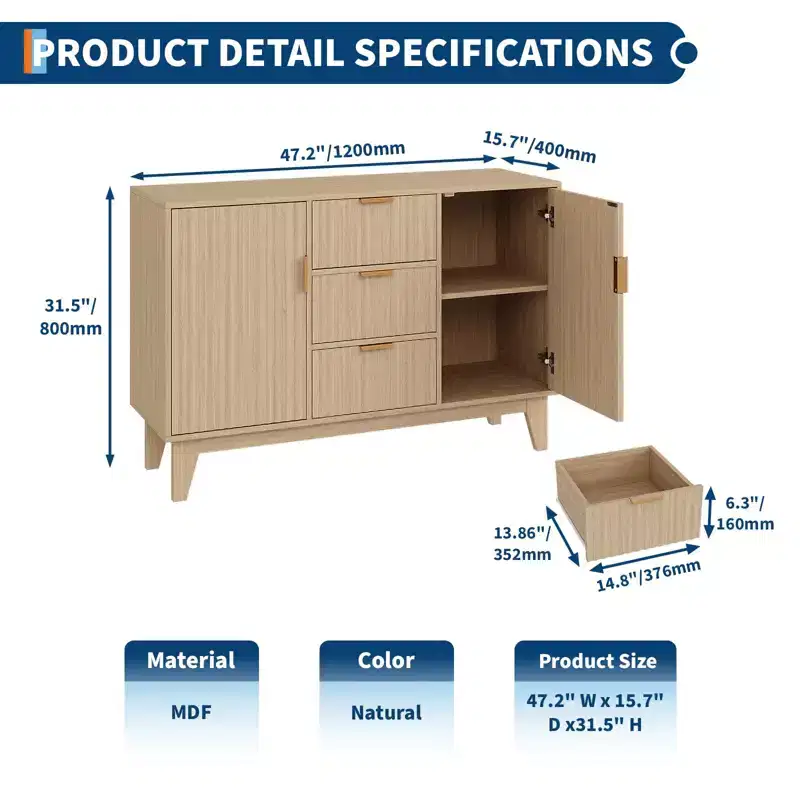 GustoWave Mid Century Storage Cabinet with 3 Drawers, Fluted Buffet Cabinet with Storage, Large Sideboard Cabinet, Coffee Bar Cabinet