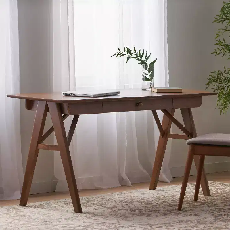 Okak 57IN Modern Computer Desk with Elegent Design, Home Office Desks with 1 Drawer, Standing Desk for Reading Room, Bedroom, Study, Walnut
