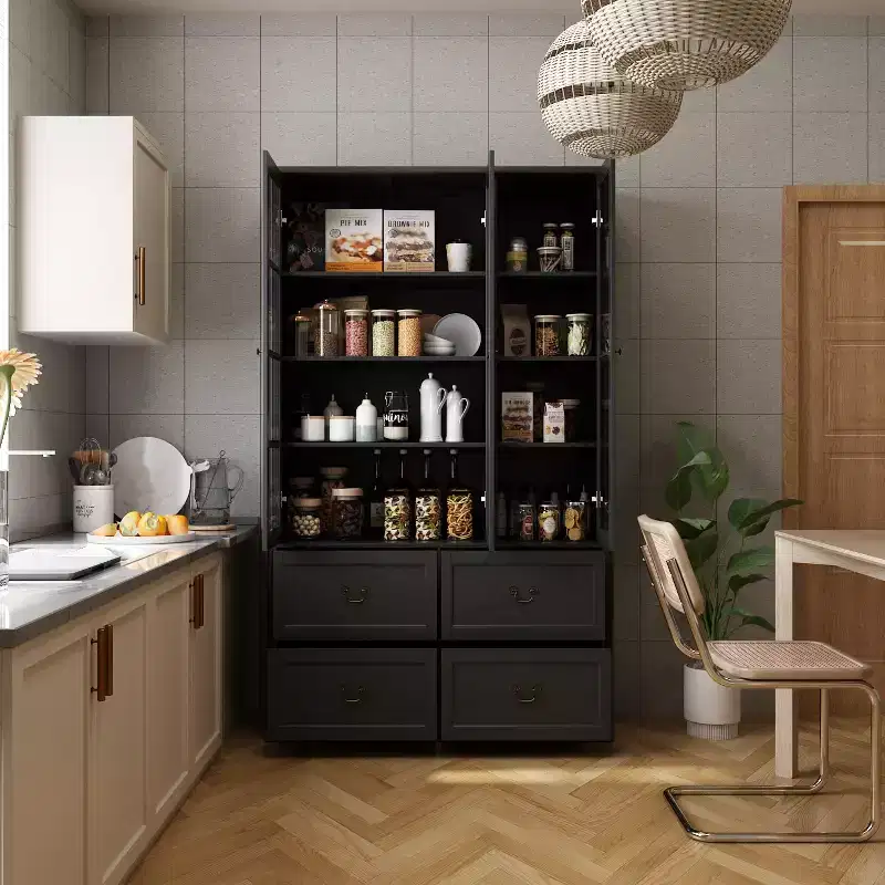 47.2''W Glass Doors Display Cabinet Wooden Organizer Pantry Black
