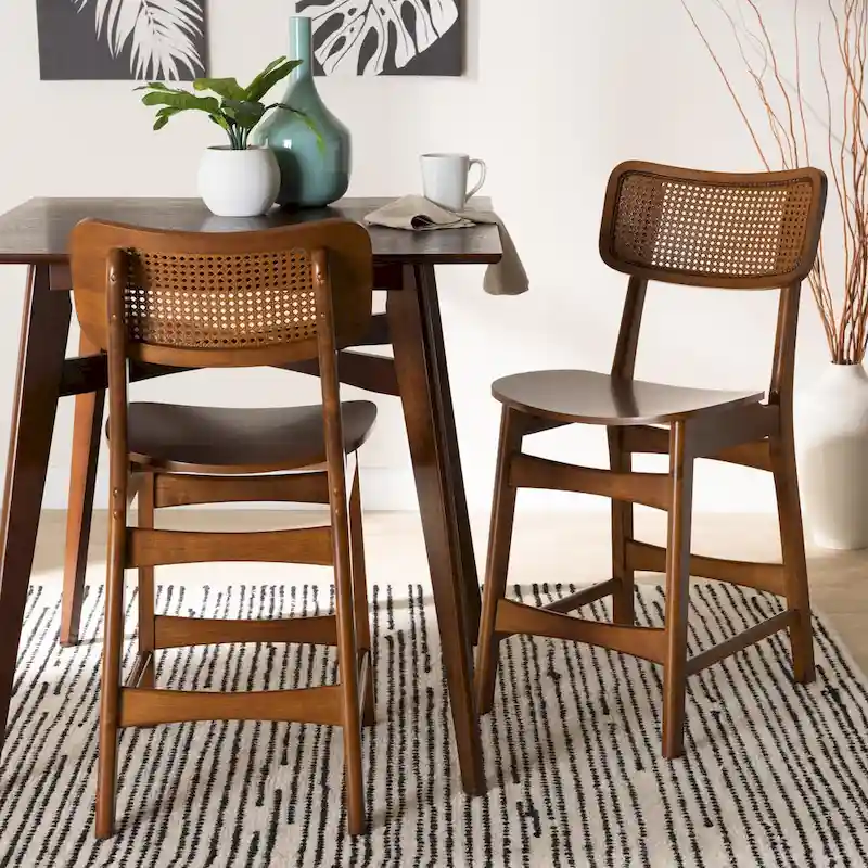 Tafari Mid-Century Modern Wood and Rattan 2-Piece Dining Chair Set