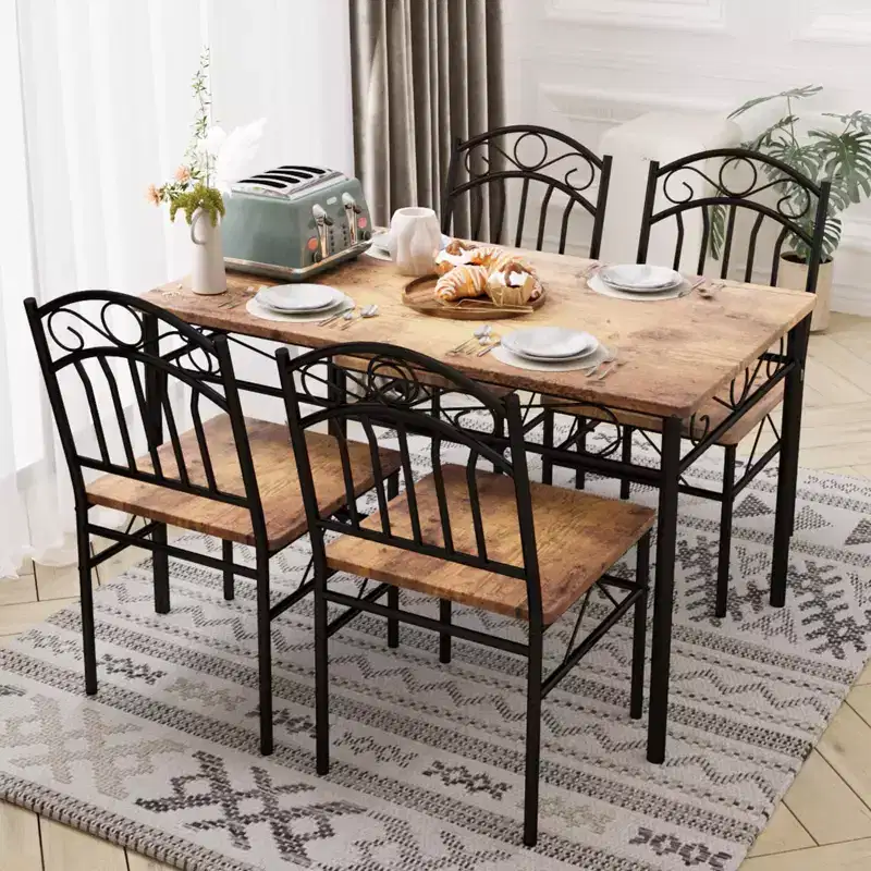 Retro Industrial Dining Table & Chairs, Wood Table Chairs for Small Space, 1 Table + 4 Chairs (Rustic Brown)