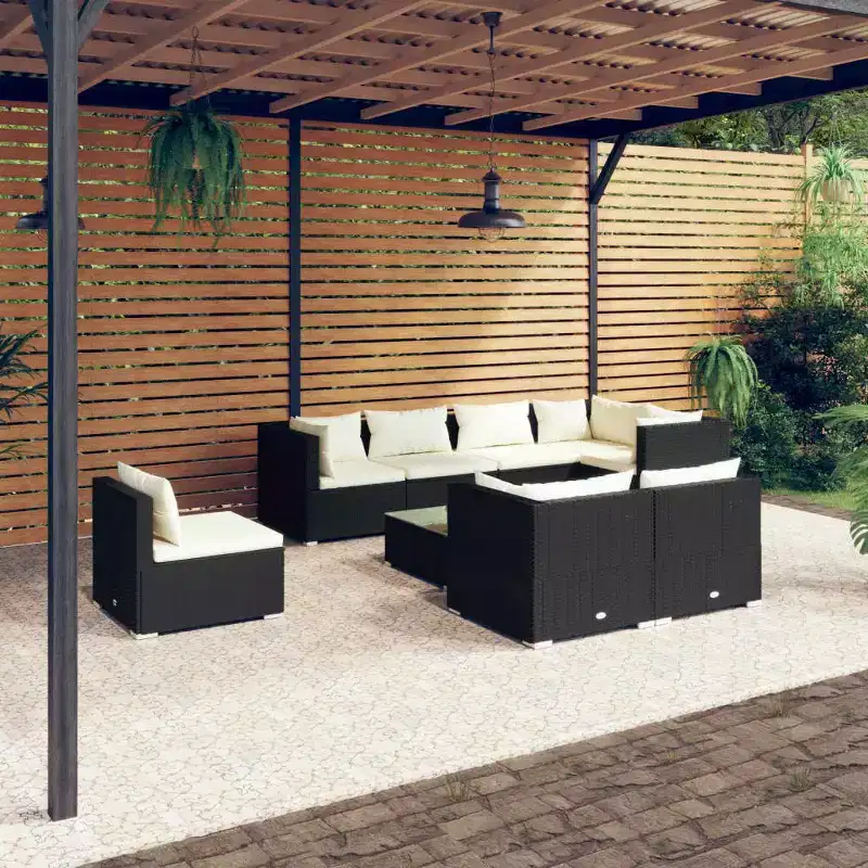 vidaXL 9 Piece Patio Lounge Set - Black Poly Rattan Outdoor Furniture with Cushions - Sturdy Steel Frame - Comfortable Modular Design