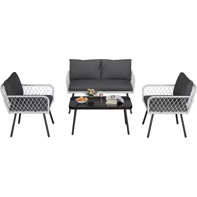 Acekool 3-Piece Patio Furniture Set with 2 PE Wicker Chairs & Loveseat, Glass Top Coffee Table, Outdoor Seating with Cushions for Balcony & Garden