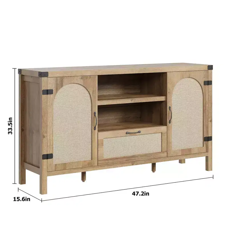 Natural Wood & Rattan Farmhouse Buffet Sideboard Cabinet for 1