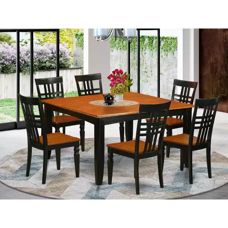 HomeStock 7-Piece Square Black and Cherry Finish Solid Wood Top Dining Table with 6 Chairs