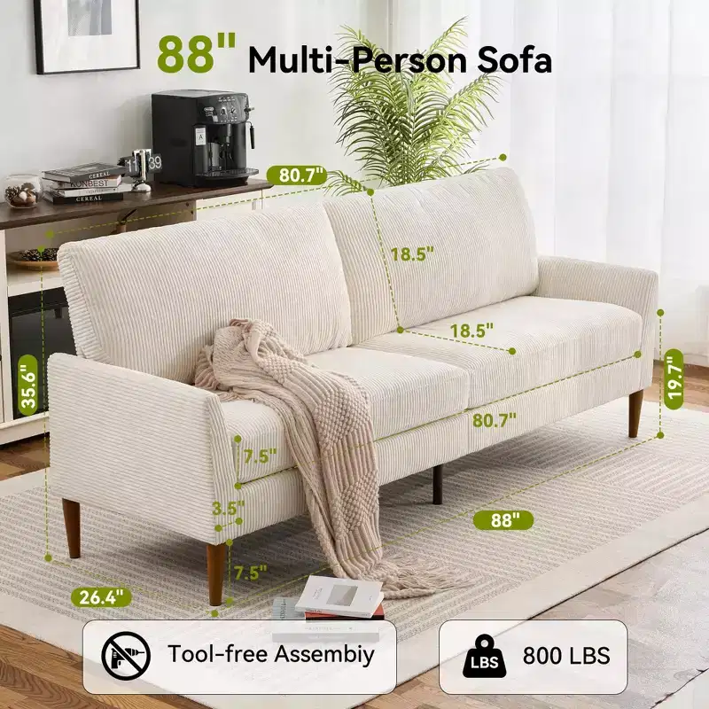 3-Seater Sofa, Beige/Blue/Gray/Green, Corduroy & Linen, Seats 3