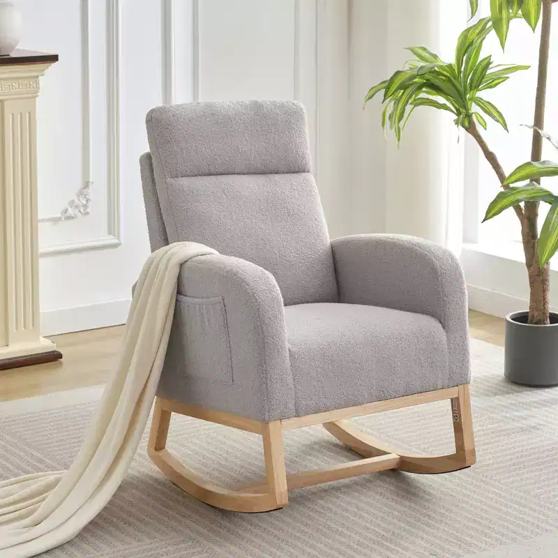 Modern Nursery Rocking Chair, Upholstered Glider Rocking Chair with Side Pockets, Rocking Armchair, Comfortable Recliner for Living Room