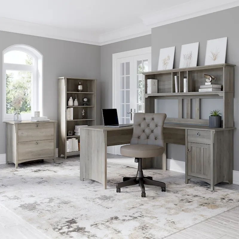 Salinas 60W L Desk with Hutch, Cabinet and Bookcase by Bush Furniture