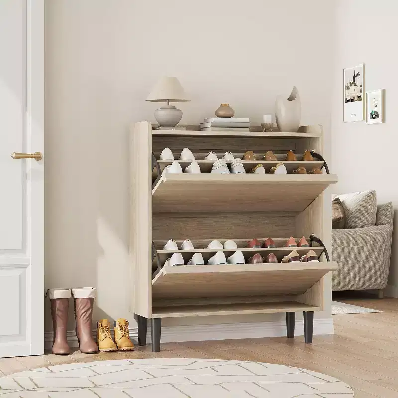 Shoe Cabinet with Flip Drawers, Wooden Shoe Organizer Cabinet with Adjustable Shelf for Entryway